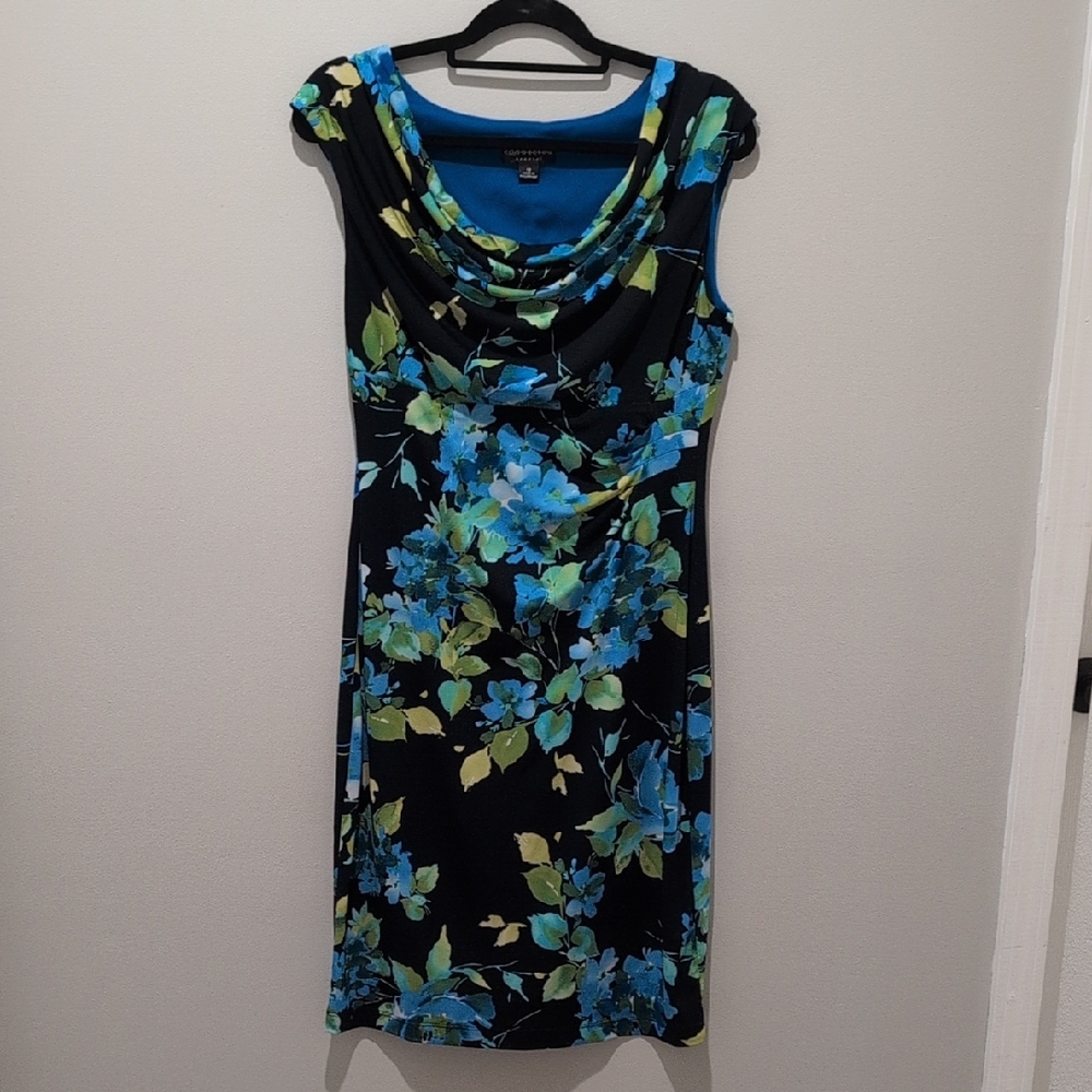 Connected Apparel Midi Dress with Blue and Green Floral Print